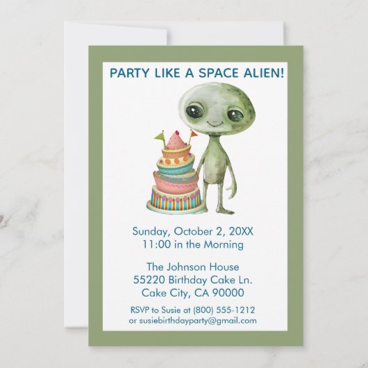 カスタムエイリアン侵攻宇宙誕生日 招待状 (裏面)