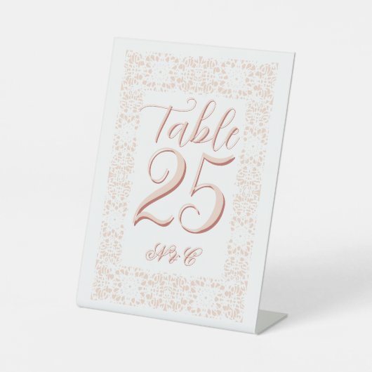 カスタムエレガントのピンクレース結婚テーブル番号 台座サイン (正面)