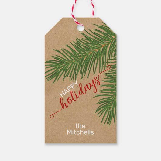 カスタムエレガントグリーンレッドホワイトフェイククラフトホリデイ ギフトタグ (正面)