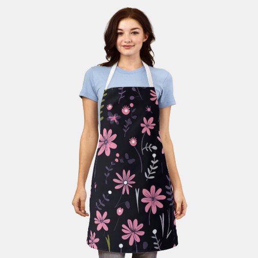 カスタムエレガントデザイン付きフローラキッチンエプロン エプロン (着用した状態)