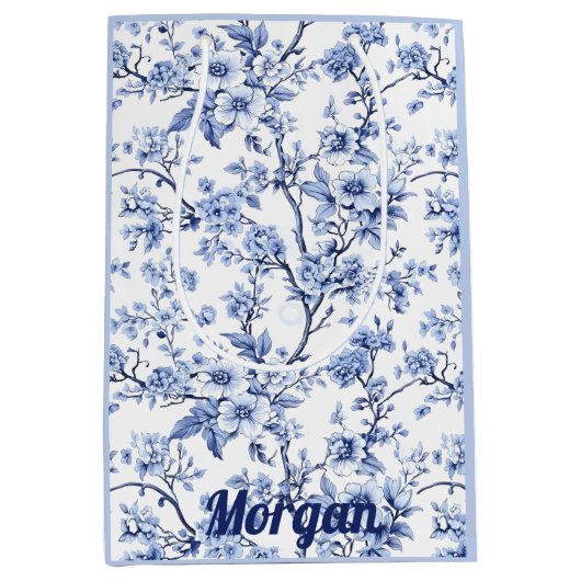 カスタムエレガントフランスのヴィンテージ青フローラ ミディアムペーパーバッグ (正面)