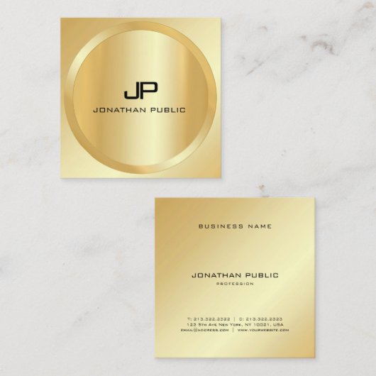 カスタムエレガントモダンフェイク金ゴールドモノグラムテンプレート スクエア名刺 (正面/裏面)