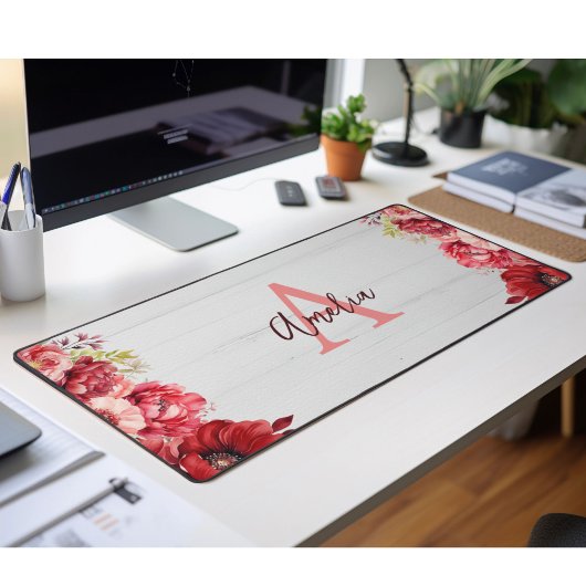 カスタムエレガントモノグラムの赤い花 デスクマット