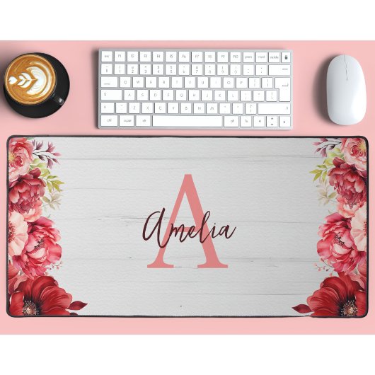 カスタムエレガントモノグラムの赤い花 デスクマット