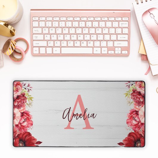 カスタムエレガントモノグラムの赤い花 デスクマット
