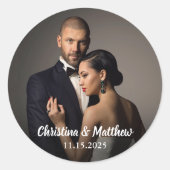 カスタムエレガント写真結婚と日付 ラウンドシール (正面)