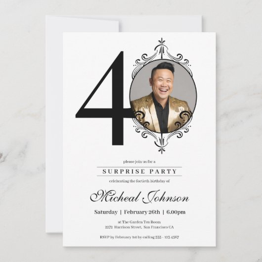 カスタムエレガント写真40歳の誕生日の驚きパーティー 招待状 (正面)