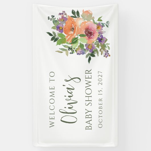 カスタムエレガント桃の水の色のフローラ赤ちゃんシャワー 横断幕 (縦)