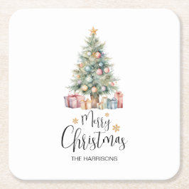 カスタムエレガント水の色クリスマスツリー スクエアペーパーコースター