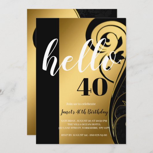 カスタムエレガント白黒と金ゴールドHello 40パーティー 招待状 (正面/裏面)