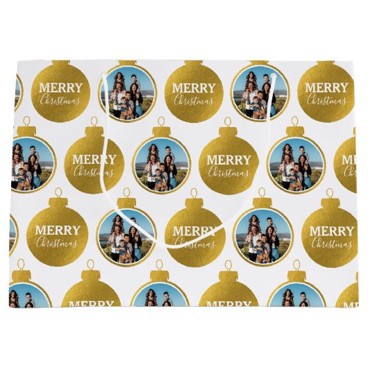 カスタムエレガント金ゴールド写真オーナメントクリスマス ラージペーパーバッグ (正面)