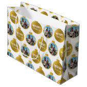 カスタムエレガント金ゴールド写真オーナメントクリスマス ラージペーパーバッグ (正面アングル)