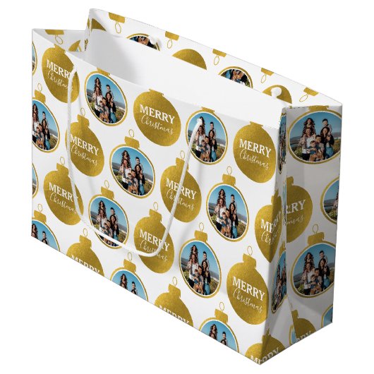 カスタムエレガント金ゴールド写真オーナメントクリスマス ラージペーパーバッグ (正面アングル)