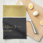 カスタムエレガント金ゴールド銀色黒帯 キッチンタオル (四つ折り)
