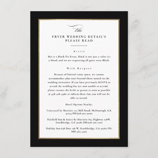 カスタムエレガント黒と金ゴールド結婚の詳細 エンクロージャーカード (正面)