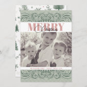 カスタムエレガントGreen & Pink Photo Christmas Card シーズンカード (正面/裏面)