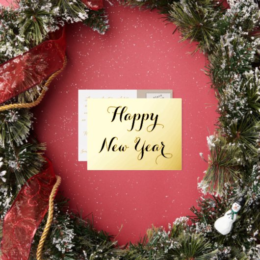 カスタムエレガントScript Happy New Yearフェイク金ゴールド 箔招待状ポストカード (インサイチュ)
