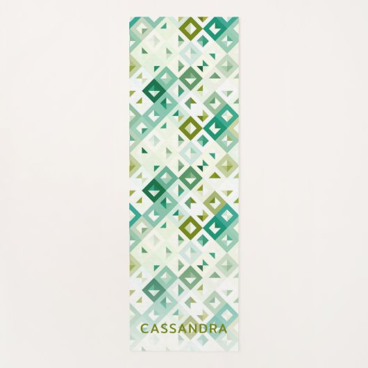 カスタムオリーブグリーンティール（緑がかった色）ブルーアイボリーモザイクパターン ヨガマット (正面)