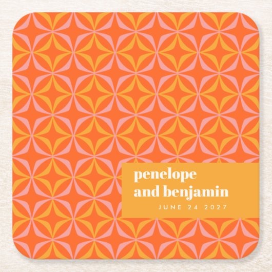 カスタムオレンジイエローレトロタイポグラフィ結婚ズ スクエアペーパーコースター (正面)