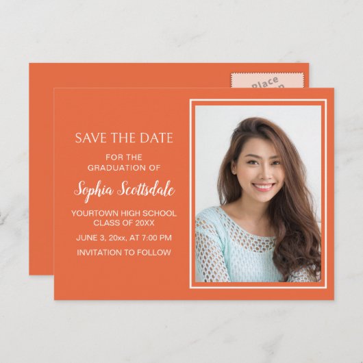 カスタムオレンジ色の写真救卒業日 案内ポストカード (正面/裏面)