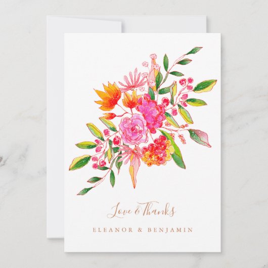カスタムオレンジ色フローラ写真結婚の サンキューカード (正面)