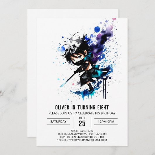カスタムオンライン忍者ボーイデジタル誕生日 招待状 (正面/裏面)
