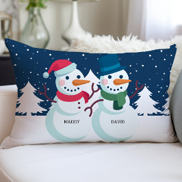 カスタムオーダーの雪だるまカップルの名前入りクリスマスグッズ ランバークッション