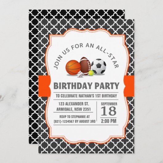 カスタムオールスタークローバーのスポーツの誕生会 招待状 (正面/裏面)