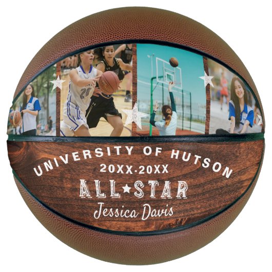 カスタムオールスタープレーヤーのコラージュ写真ウッドグレイン バスケットボール (正面)