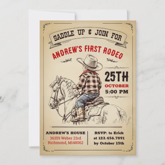 カスタムカウボーイカントリー1stロデオワイルドウェスト誕生日 招待状 (正面)