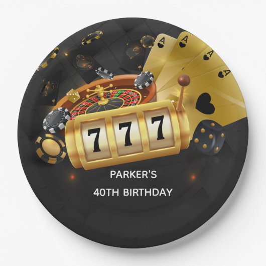 カスタムカジノナイトパーティーブラック金ゴールド ペーパープレート (正面)