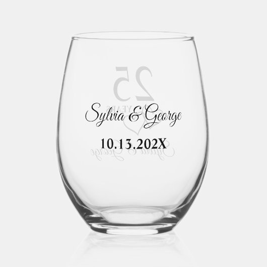 カスタムカップルネーム記念25周年記念品 ステムなしワイングラス (裏面)
