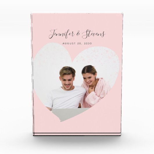 カスタムカップル写真ハート赤面ピンク フォトブロック (正面)