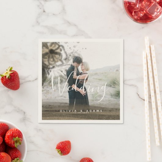 カスタムカップル写真金ゴールドフローラ結婚抽象芸術 スタンダードカクテルナプキン (インサイチュ)