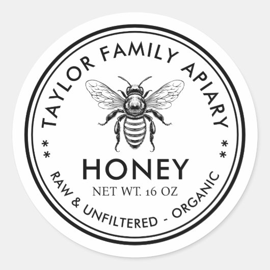 カスタムカラーのハチイラストの蜂蜜ラベル ラウンドシール (正面)