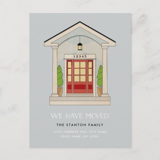 カスタムカラーコロニアルレッドフロントドア移動 案内ポストカード (正面)