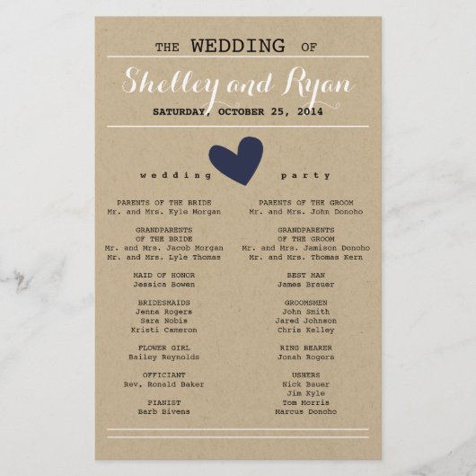 カスタムカラーシンプルハート結婚式 プログラム (正面)