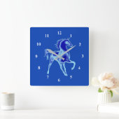 カスタムカラーズクロックウィズブルーホースア絵画ート スクエア壁時計 (ホーム)