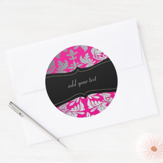 カスタムカラー/銀バロフェイクークのダマスク熱ピンク ラウンドシール (封筒)