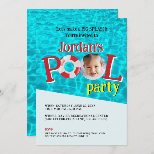 カスタムガールフォト誕生日スイミングプールパーティー 招待状 (正面/裏面)
