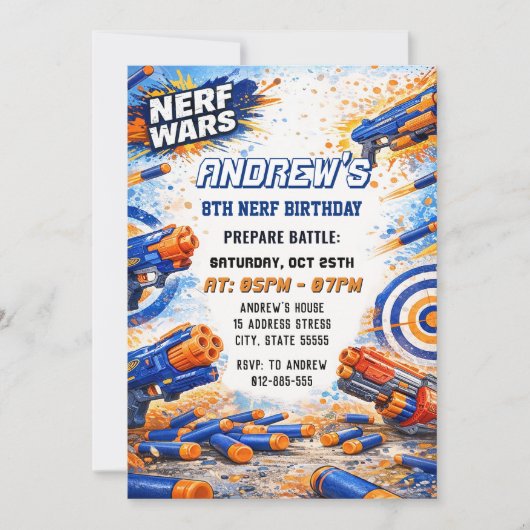 カスタムキッズのNerfダーツバトル誕生日パーティー 招待状 (正面)