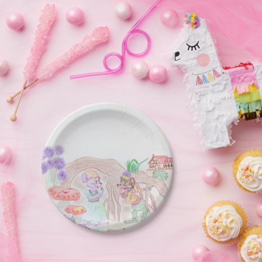 カスタムキッズアートワーク2つの可愛いマウス、花….. ペーパープレート (パーティー)