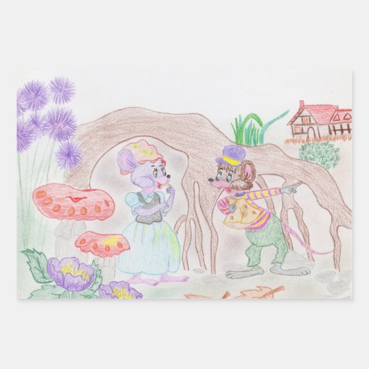 カスタムキッズアートワーク2つの可愛いマウス、花….. ラッピングペーパーシート (正面)