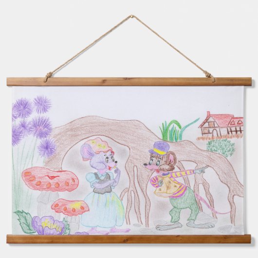 カスタムキッズアートワーク2つの可愛いマウス、花….. 吊り下げ型タペストリー (正面)
