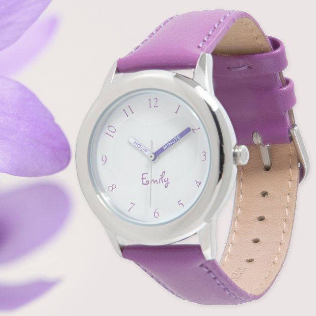 カスタムキッズネームスチールパープルレザーガールズウォッチ 腕時計 (Custom Kids Name Steel Purple Leather Girls Watch)