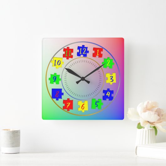 カスタムキッドの写真、色ジグソーピース、数字 スクエア壁時計 (ホーム)