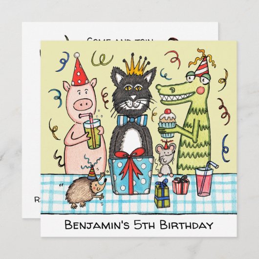 カスタムキュートパーティーアニマル誕生日招待状 (正面/裏面)
