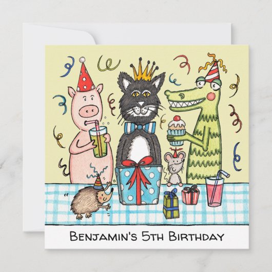 カスタムキュートパーティーアニマル誕生日招待状 (正面)