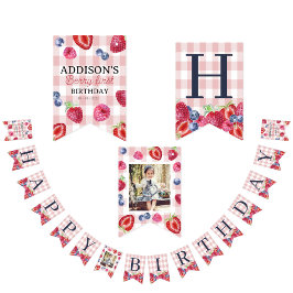 カスタムキュートベリーファースト誕生日ピンクプレイド バンティングフラッグ