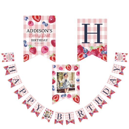 カスタムキュートベリーファースト誕生日ピンクプレイド バンティングフラッグ